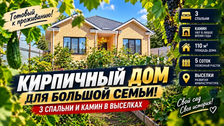 Тёплый кирпичный дом площадью 110 м² на участке 5 соток Выселки